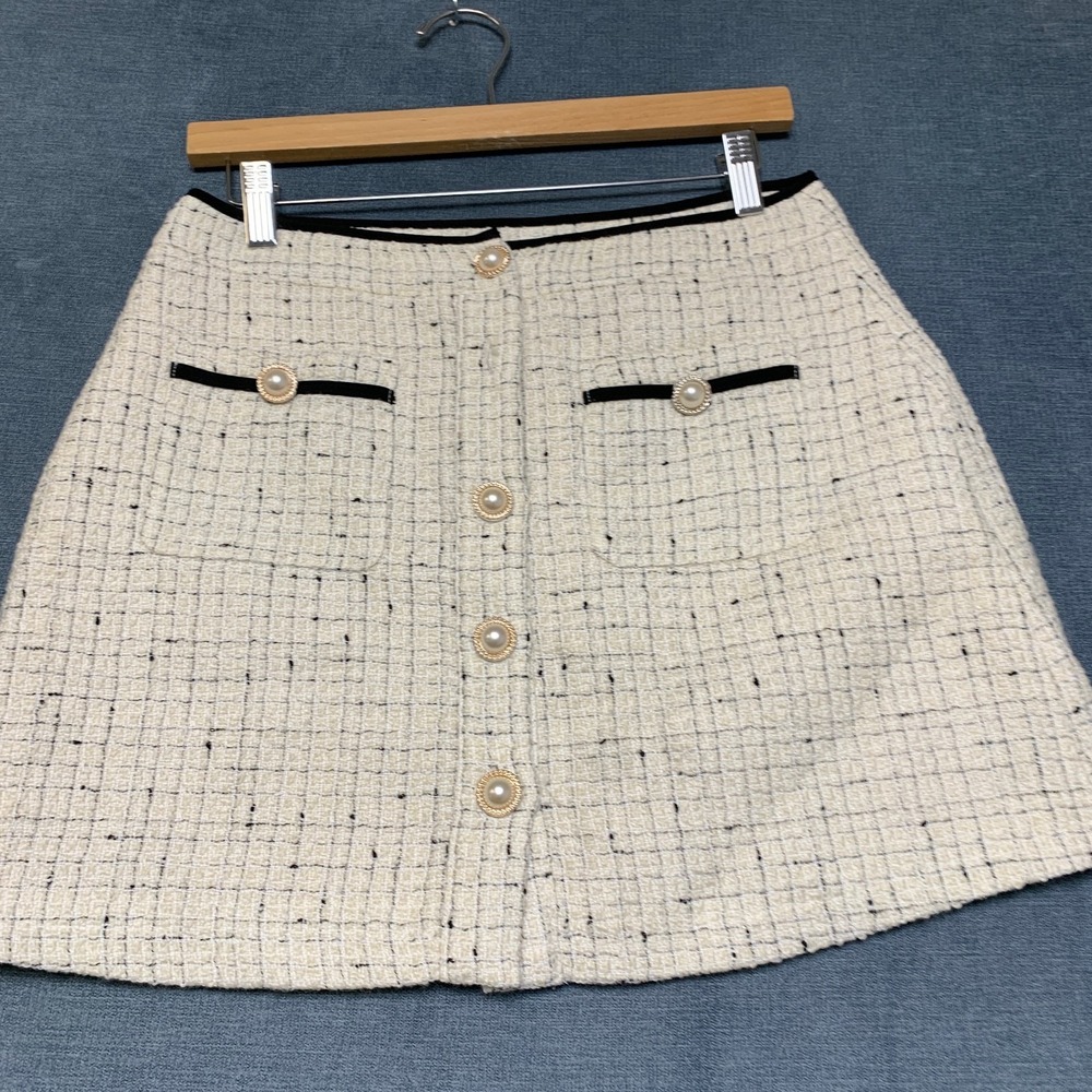 Cider Mini Skirts Womens Medium Beige Tweed Front Two Pockets Office Classic